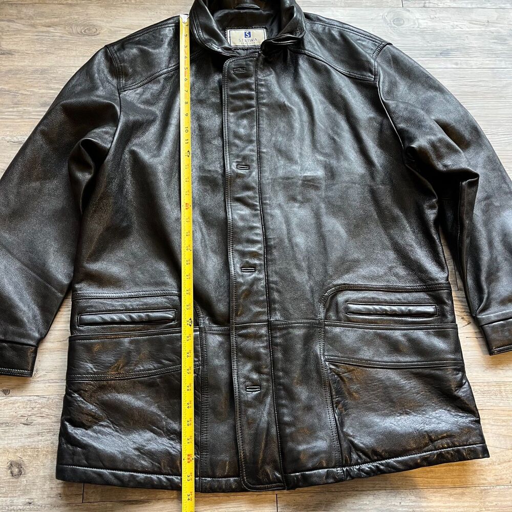 Striwa Leather Jacket Vintage Black Men XL Winter 90s Zip Button Pockets - Picture 6 of 10